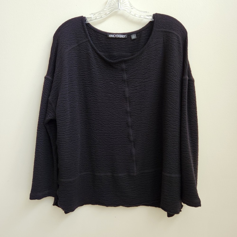 Sno Skins Top Women L Black Soft Gauzy 3/4 Sleeve Minimalist Lagenlook Cabincore