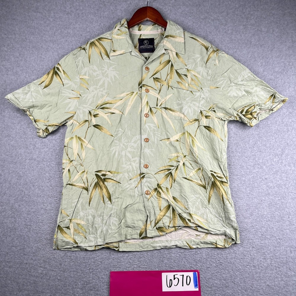 Jamaica Jaxx Silk Hawaiian Print Shirt Large Green Casual Button Up Short Sleeve