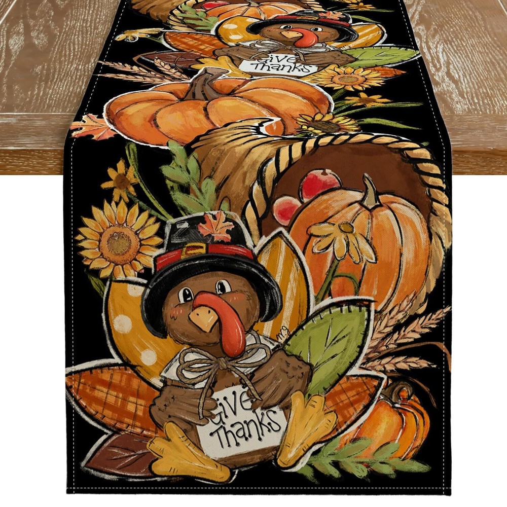 Thanksgiving Turkey Black Fall Table Runner 13x72 Inches Give Thanks Pumpkin ...