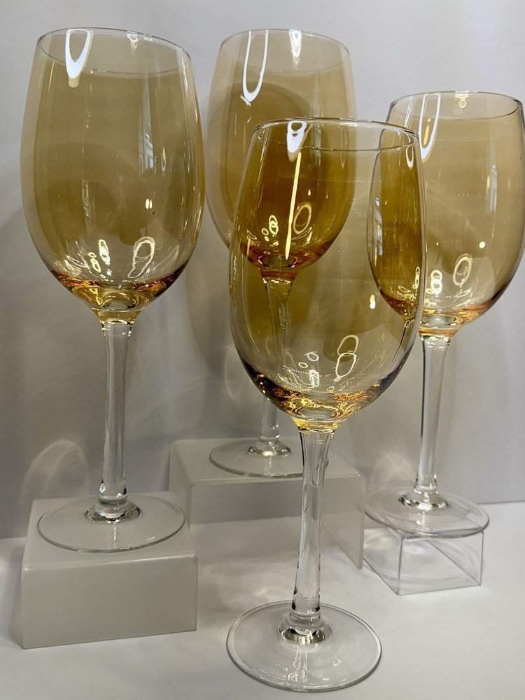 Retro Amber Glass Wine Goblets Set of 4 Mid Century Modern Tall Stem Barware MCM  