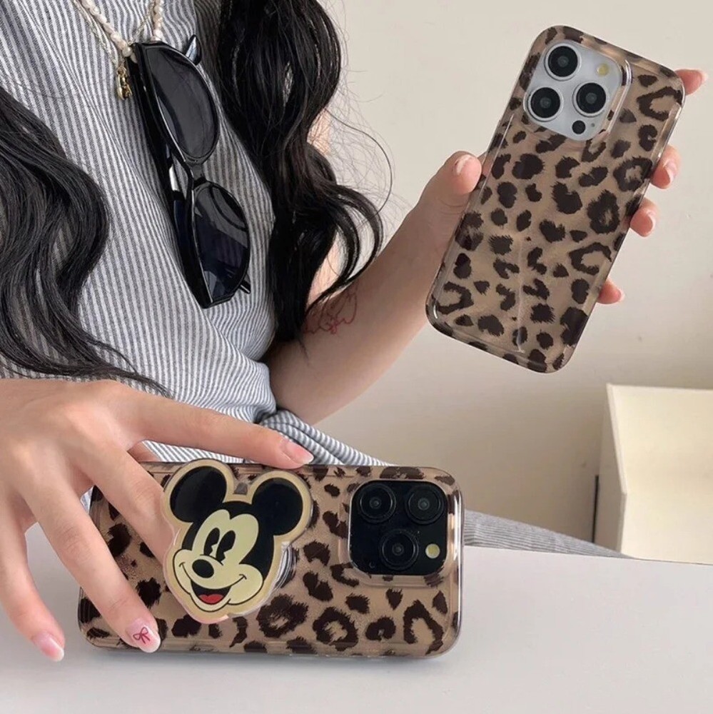 Leopard Smile Mickey Grip Tok Holder Case for iPhone 15 ProMax 14 13 12 11