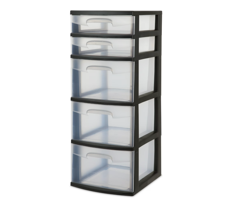 Sterilite 5 Drawer Tower, with both Shallow and Deep Clear Plastic Drawers, Blac