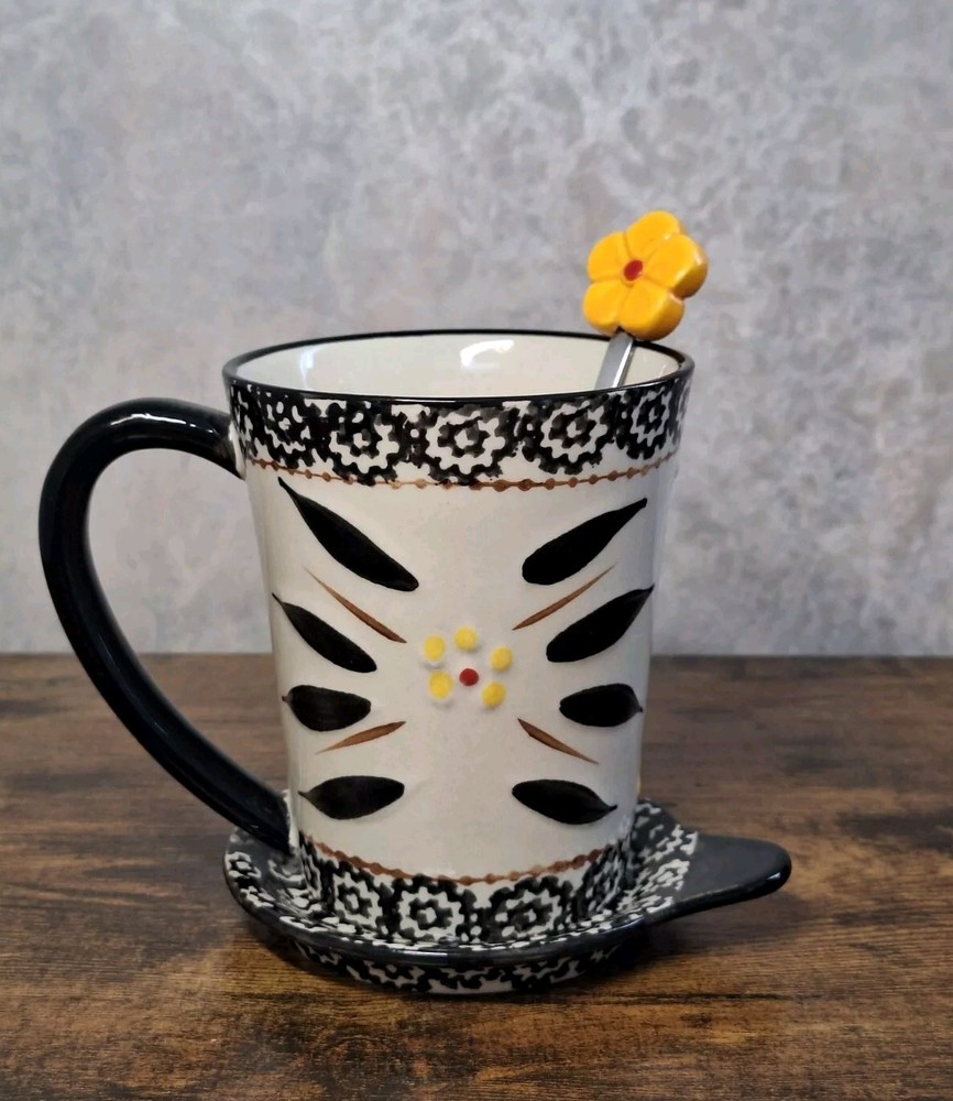 Temptations by Tara Old World Black 14oz Ceramic Mug With Saucer And Stir Spoon
