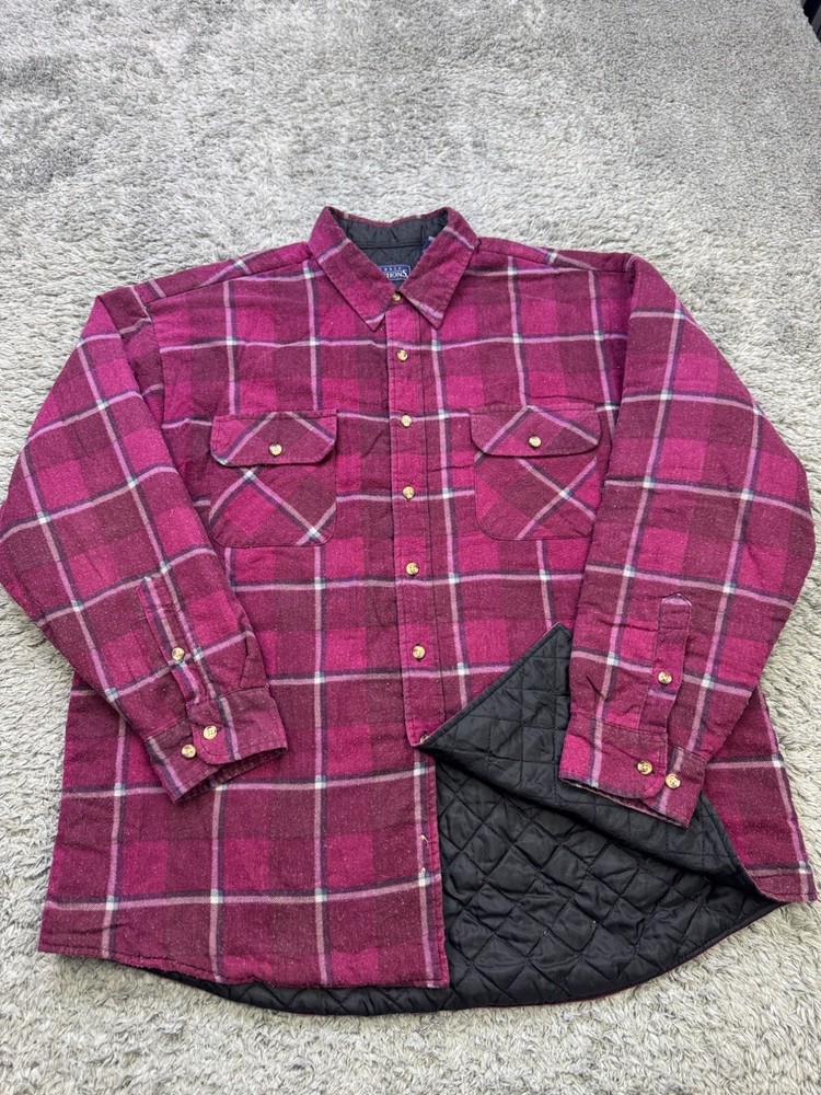 Basic Editions Jacket Men XL Red Plaid Quilt Lined Workwear Flannel Shacket Vtg