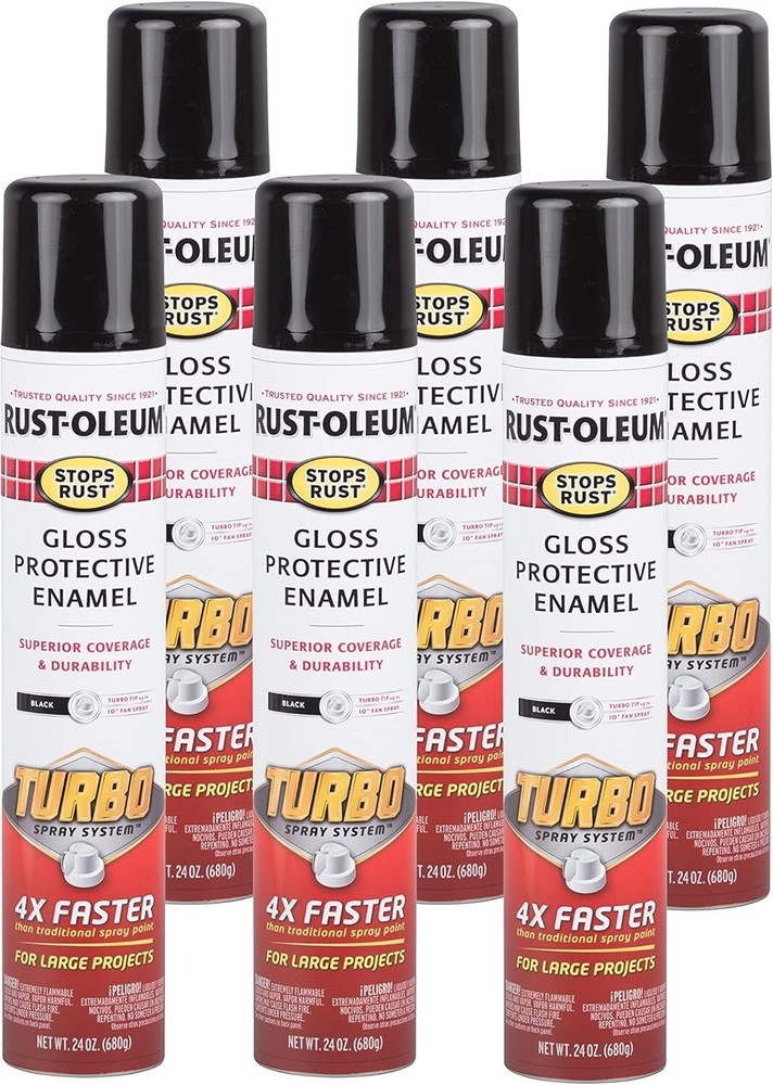 6 Pack 334128-6PK Stops Rust Turbo Spray Paint, 24 Oz, Gloss Black Paint