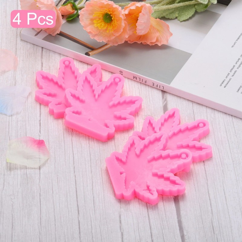 4Pcs Pink Leaf Resin Keychain Molds with Hole for DIY Crafting