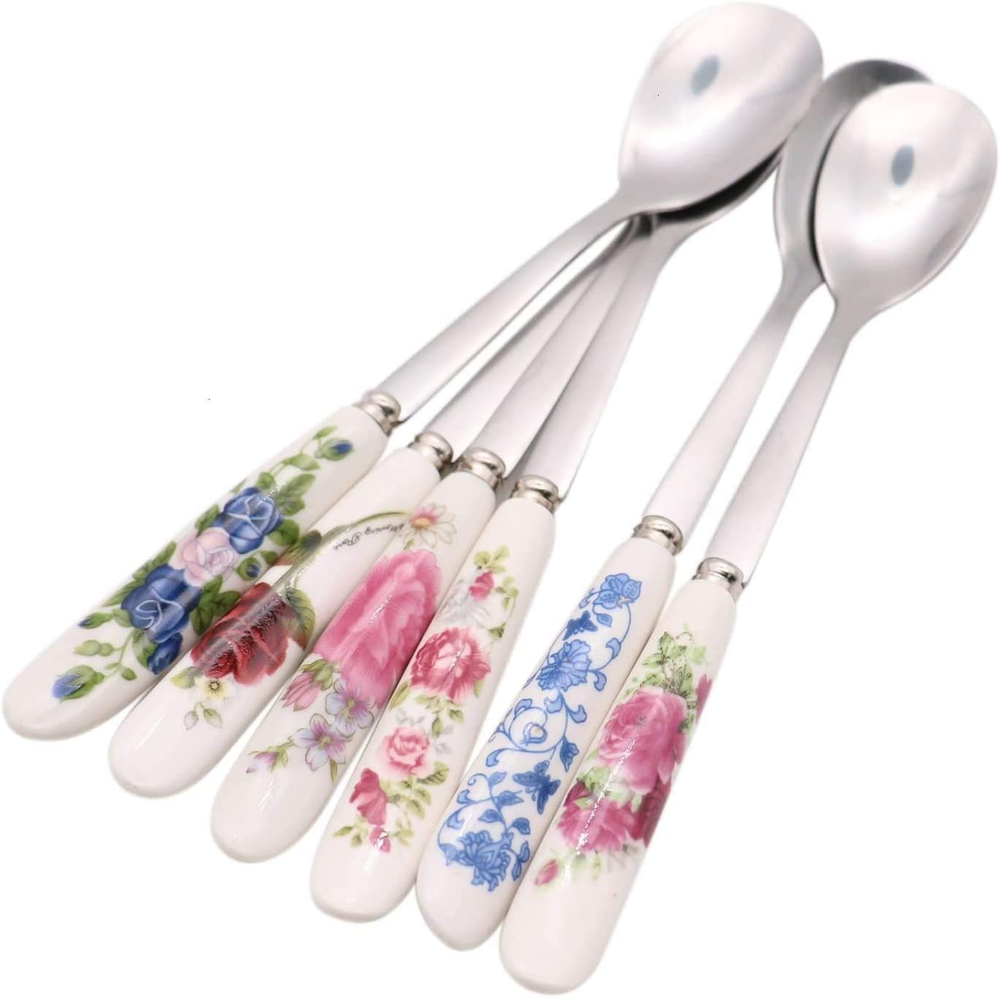 6 Pack Stainless Steel Coffee Spoon Ceramic Handle Teaspoon Sugar Spoon Ice Crea
