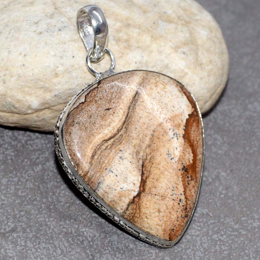 925 Silver Plated Picture Jasper Pendant Handmade Jewelry Size 2