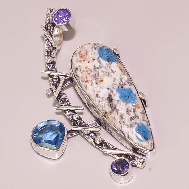Natural K2 Jasper Iolite Quartz 925 STERLING SILVER PLATED BOHO PENDANT
