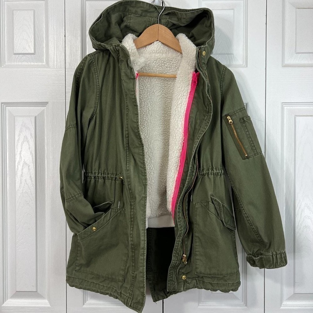 Gap Kids Girls Military Hooded Zip Closure Jacket with Pink Zipper  Size XL