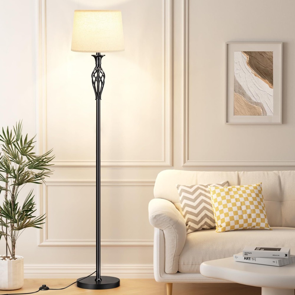 Vintage Floor Lamp with Linen Shade - 3 Color Temperature, Black, LED Bulbs, ...