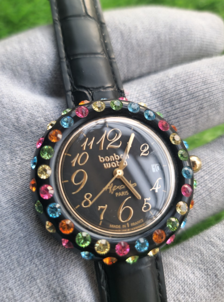 BonBon Alexandra Paris Watch Ladies Crystal Bezel Black Dial Leather France 40mm