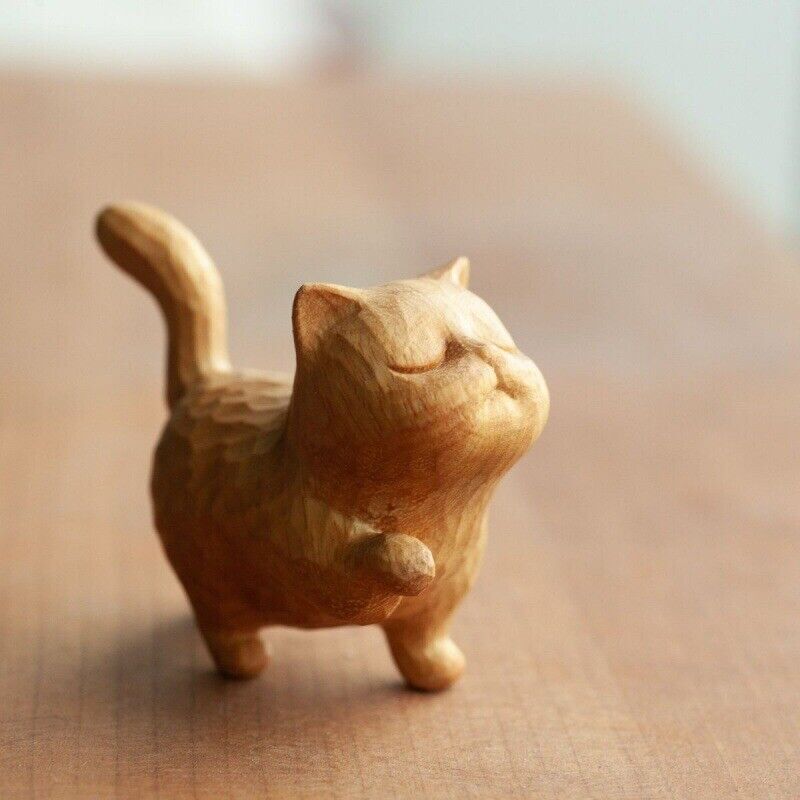Wooden Cat Statue Mini Hand Carved Craft Cat Sculpture Figurine Home Decor