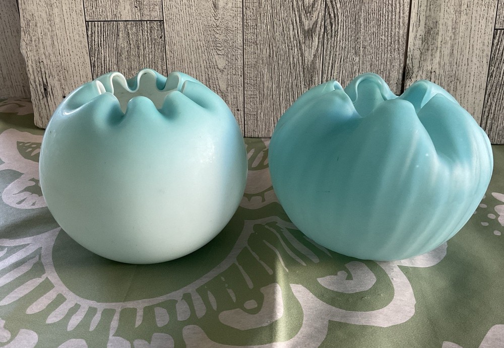 Antique Victorian Blue Satin Ribbed Ombré Rose Bowls with Crimped Rim  