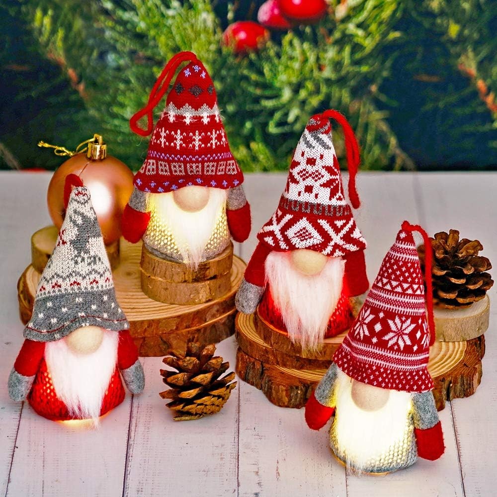 Christmas Gnome Hanging Ornaments Lights Handmade Swedish Tomte Plush Pack 4