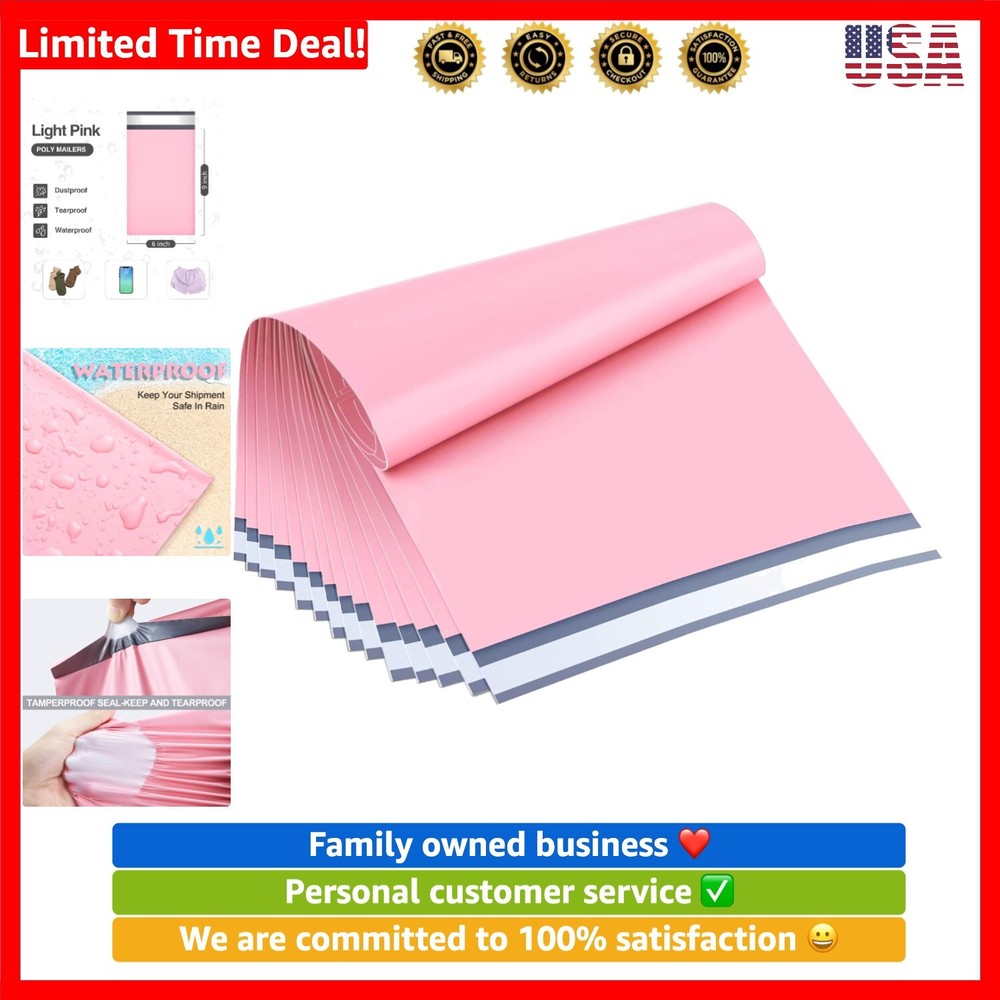 Elegant 6x9 Light Pink Shipping Bags - 200 Waterproof Poly Mailers for Boutique