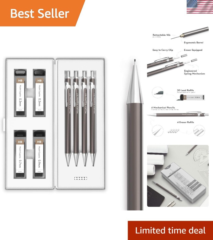 MozArt Mechanical Pencil Set in Metal - 4 Sizes with 30 Lead & 4 Eraser Refills
