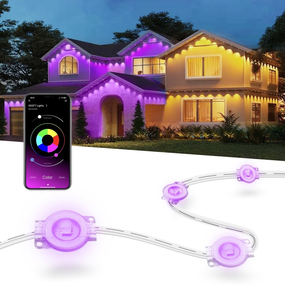 300Ft Permanent Outdoor Lights for House, 2025 New Smart RGB Christmas Lights Ou