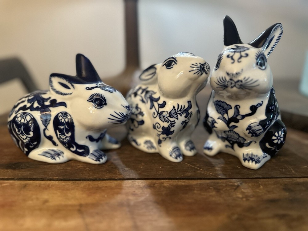 Set Of 3 Blue And White Ceramic Bunny Figurines Chinese Style Easter Vintage