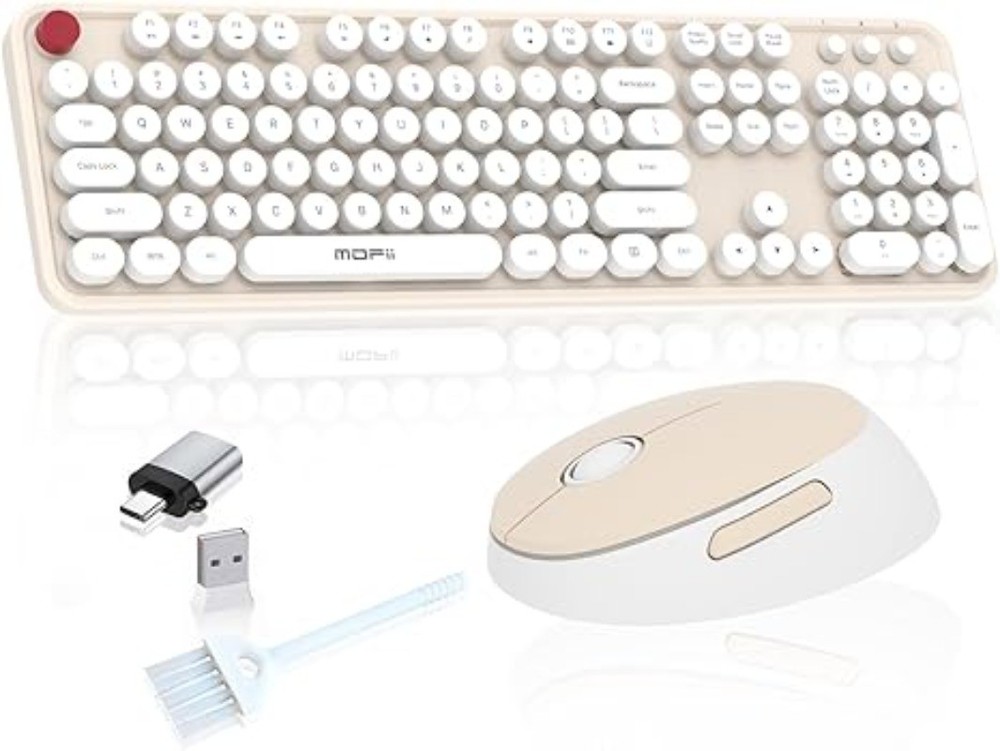 Wireless Keyboard and Mouse Combo Full Size 104 Round Keycaps Retro Typewriter