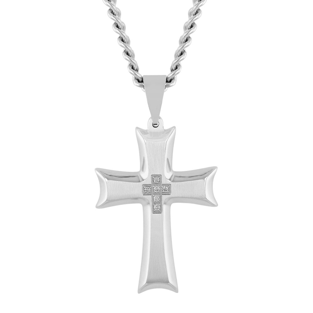 Men's Brushed Stainless Steel Flared Cross Pendant on 24 Inch Twisted Chain