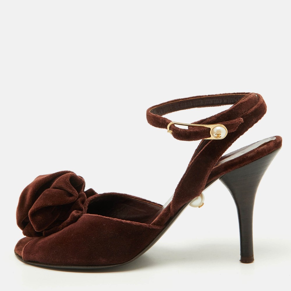 Chanel Dark Brown Velvet Ankle Strap Sandals EU 36.5 Luxury Heels