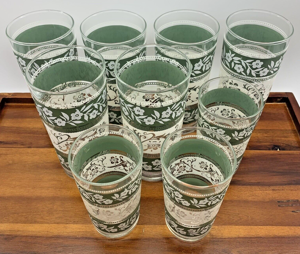 Vintage Libbey Floral Green White Water Juice Glasses Set of 9 Retro MCM