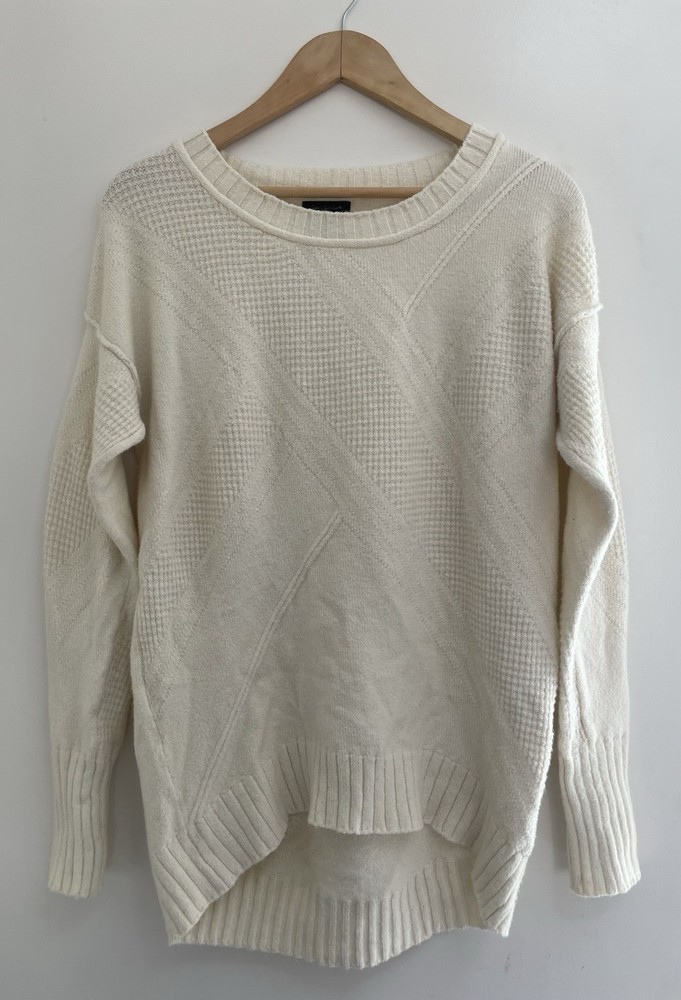 Calvin Klein Jeans Women's Solid Cream Rib-Knit Pullover Long Sleeve Sweater S