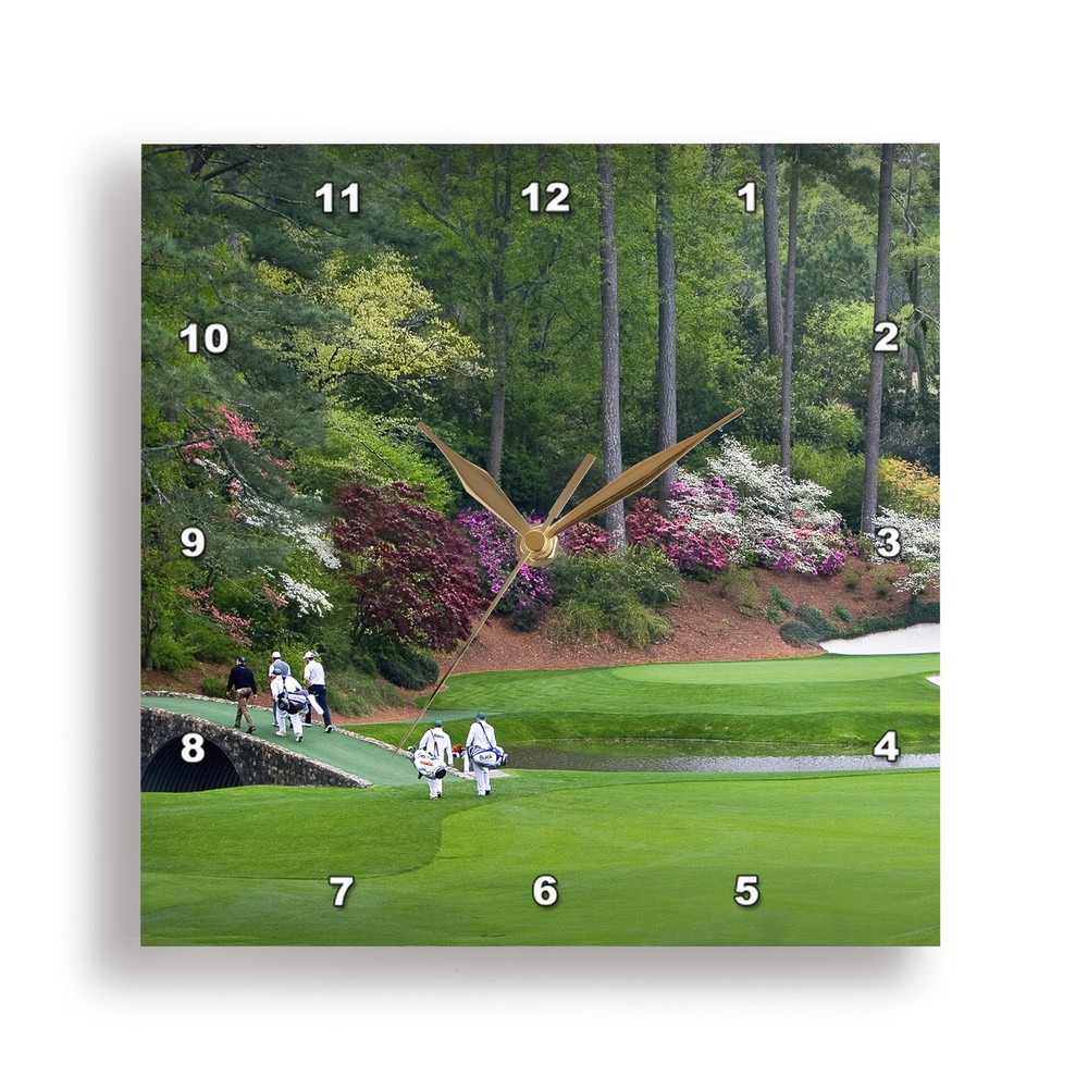3dRose, Amen Corner in Augusta Georgia - Golfers on Bridge, Wall Clock