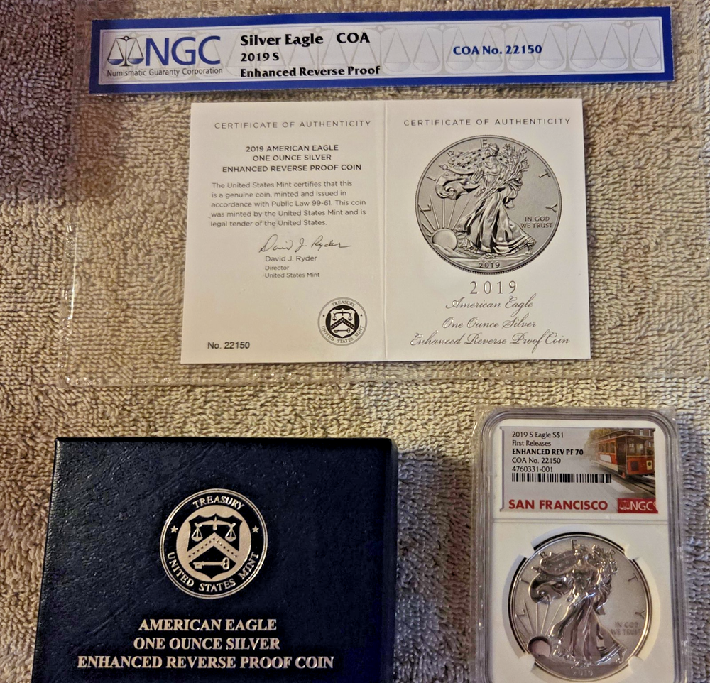 2019 S Enhanced Reverse Proof Silver Eagle First release NGC PF 70   COA 22150
