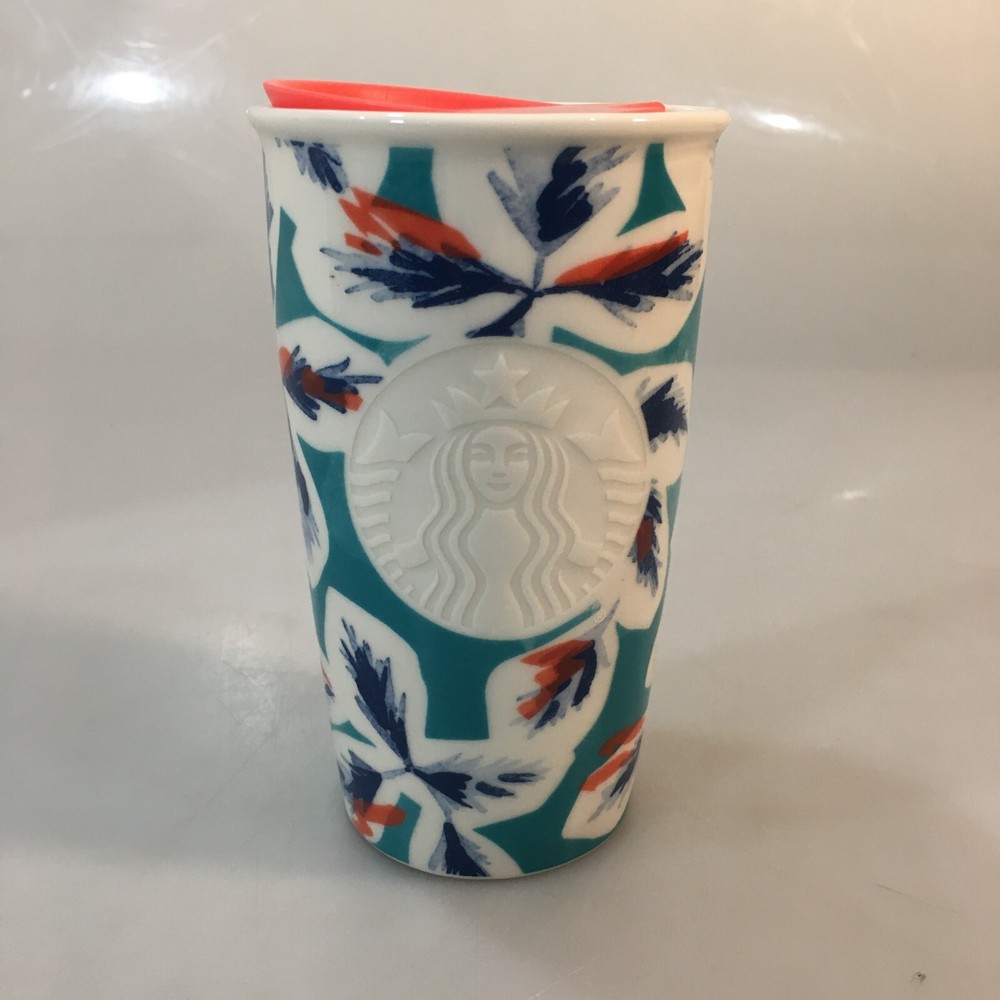 Starbucks Teal Coral Mermaid Embossed Ceramic Travel Mug Tumbler 12 oz 2016