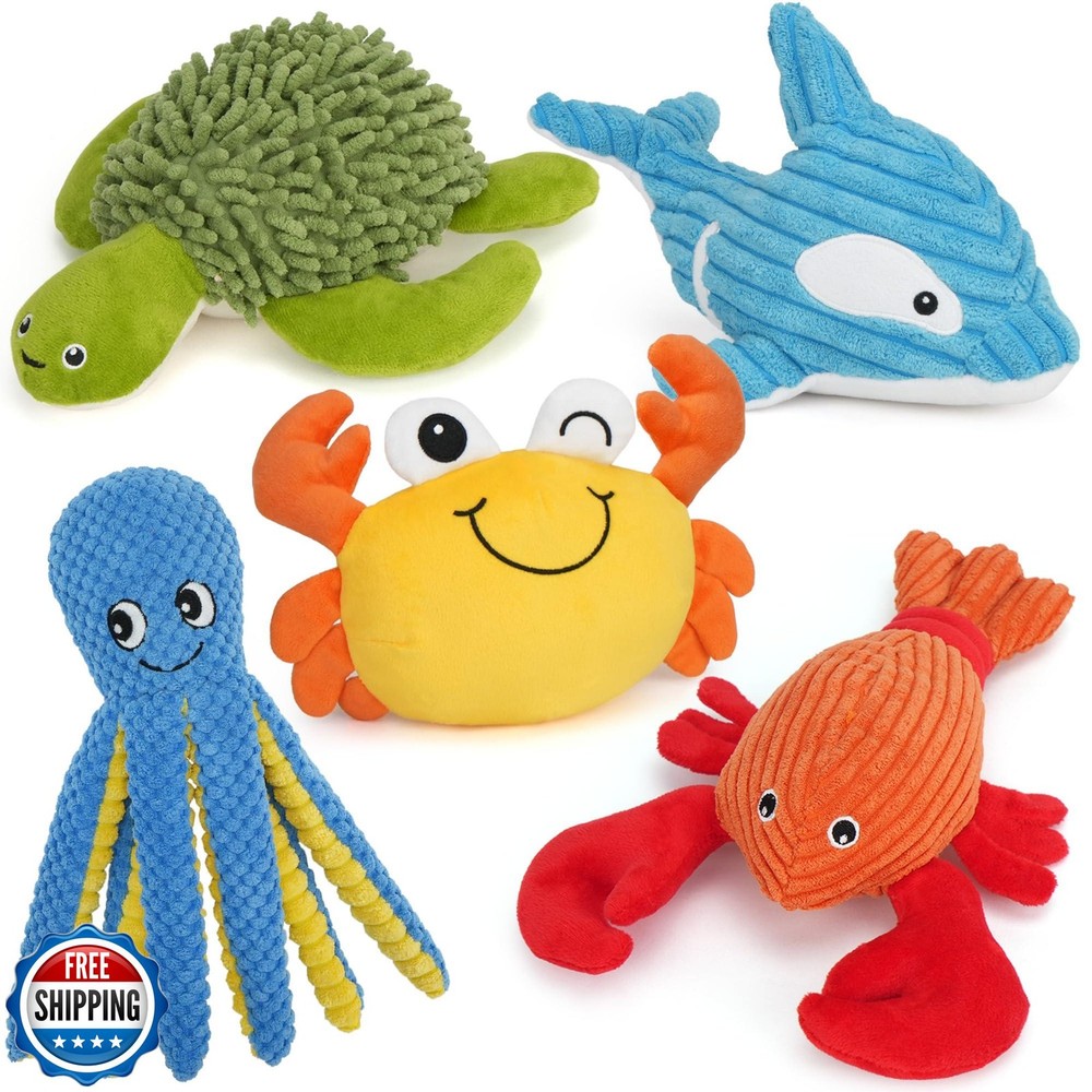 Prime Pets 5-Pack Plush Squeaky Dog Toys - Ocean Assortment Bundle