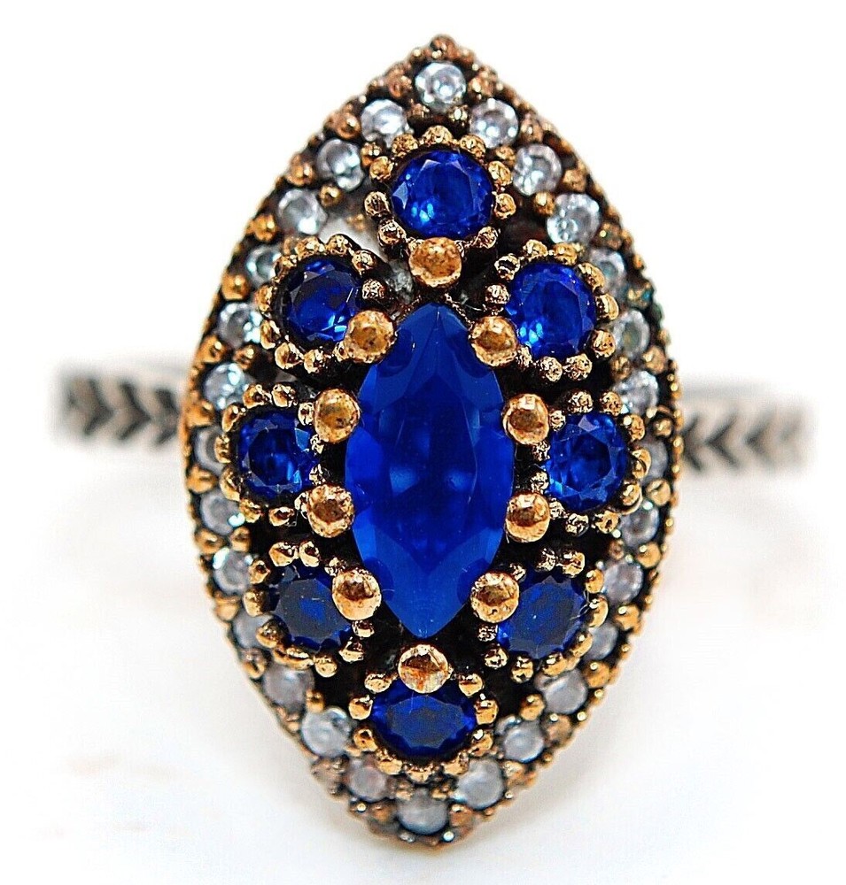 1CT Blue Treated Sapphire Ottoman Empire Sterling Silver Ring Size 7.5 H2-2  