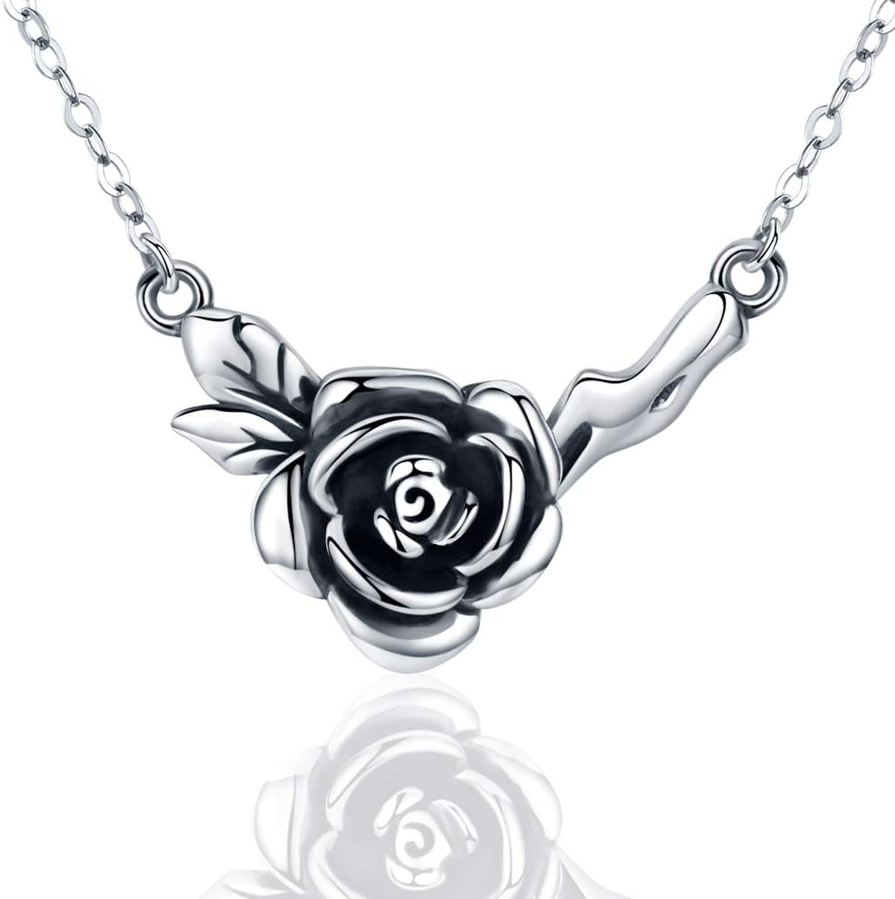 I Love You Forever Rose Flower Necklace S925 Sterling Silver Flower Heart Rose J