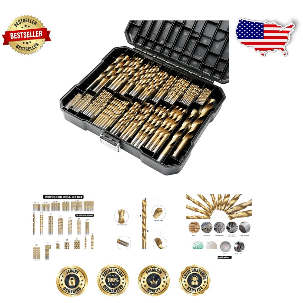 230 Pcs Titanium Coated Drill Bit Set - 135° Tip for Precision Drilling