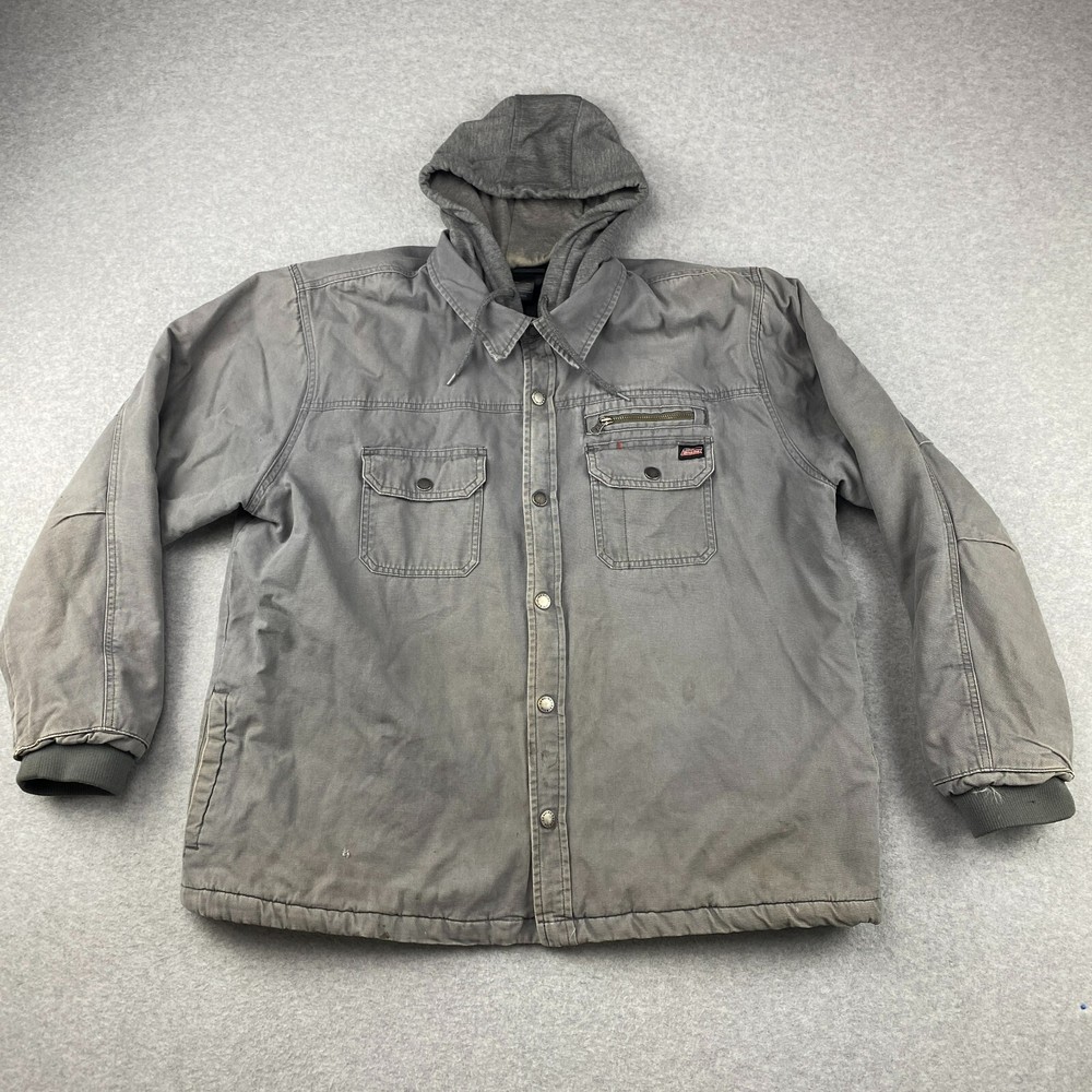 Dickies Work Hooded Jacket Mens 3XL Gray Full Zip Snap Lined Quilted Heavy