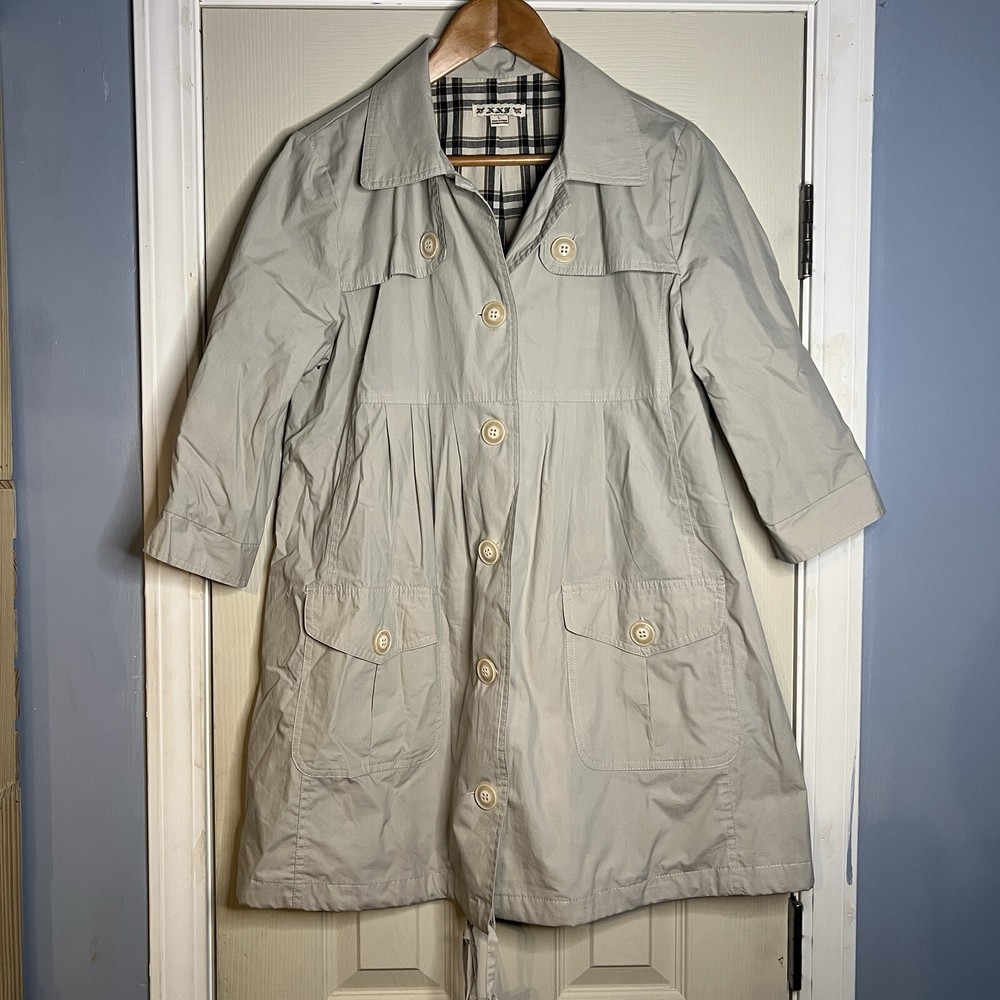 XX3 Khaki Jacket Trench Woman Sz L Y2k VTG 3/4 Sleeve Length Button Plaid Lined