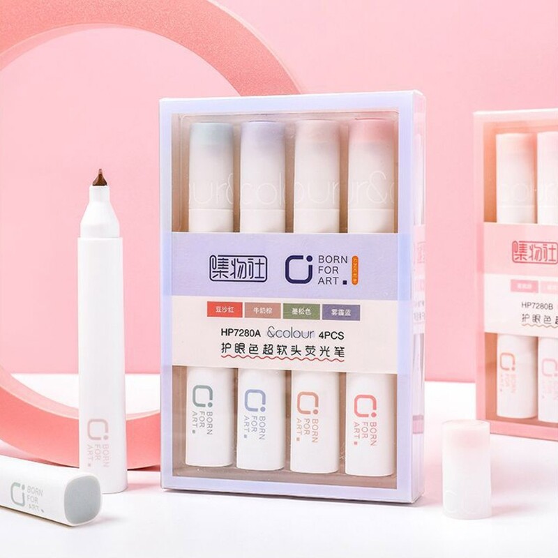 Pack of 4 Colors Portable Highlighters Set Super Soft Pen Nib Reusable for Home