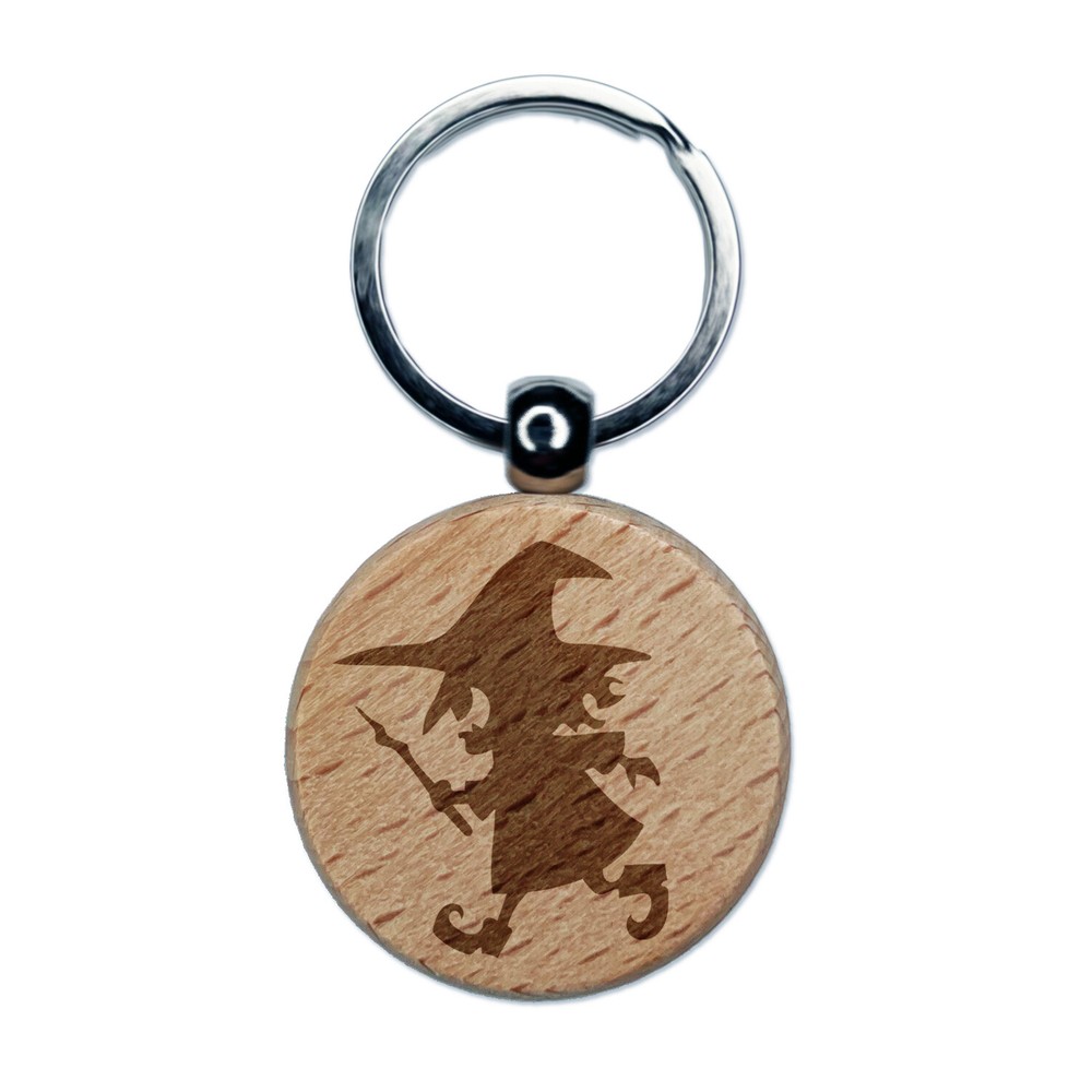 Mischievous Halloween Witch Wand Wooden Keychain Charm - Engraved Round Tag  