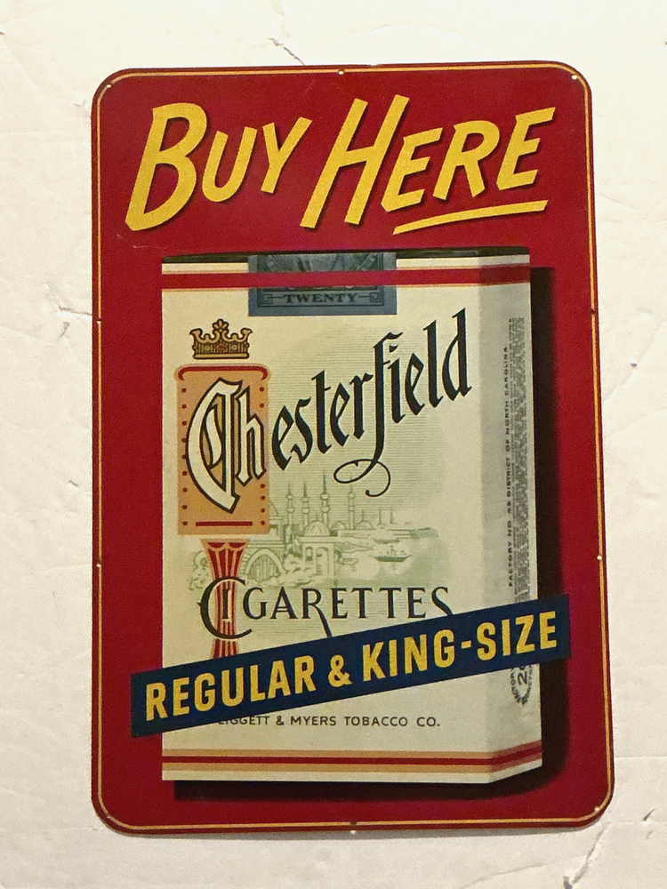 1950s-1960s BUY HERE CHESTERFIELD CIGARETTES REGULAR &KING SIZE ADVERTISING SIGN