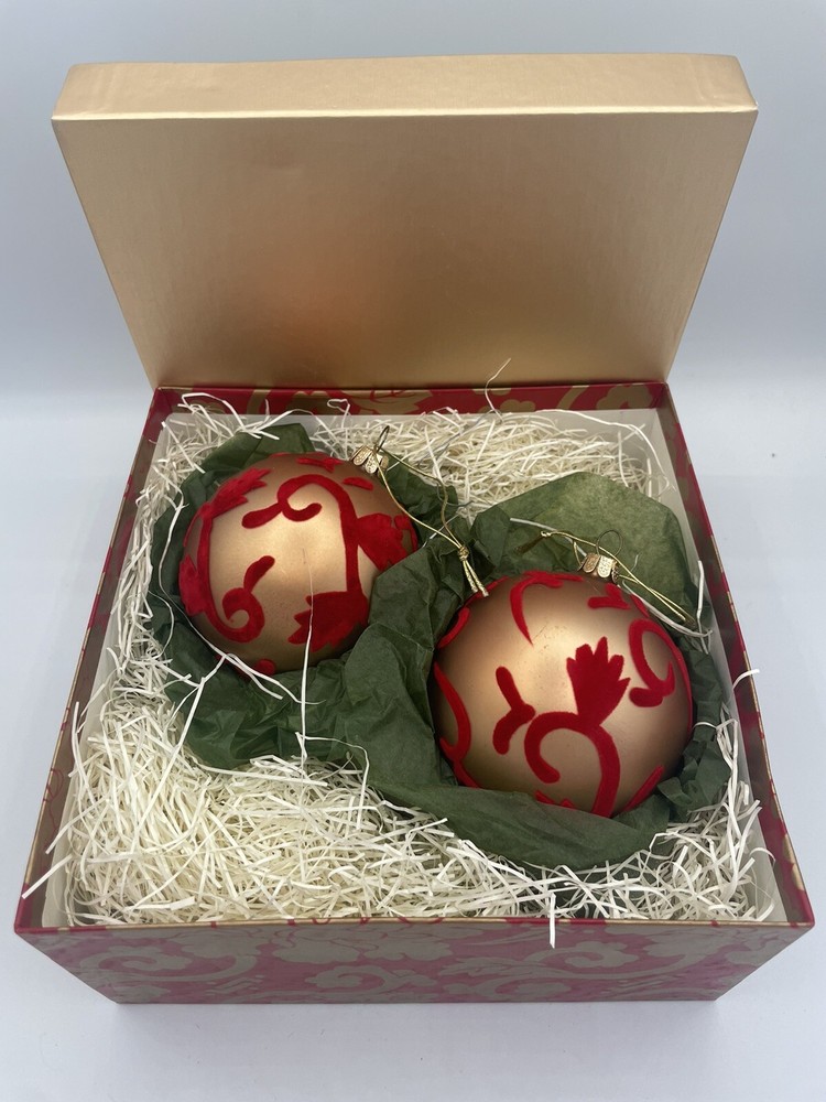 Gold & Red Velvet Stenciled Blown Glass Christmas Ornaments - Set of 2