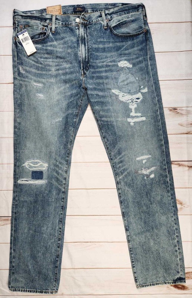 POLO RALPH LAUREN Mens Varick Slim Straight Distress Patchwork Blue Jeans B & T