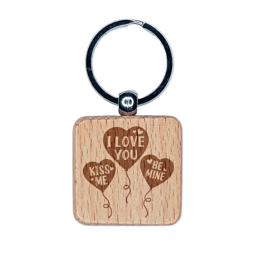 Valentines Love Balloons Engraved Wood Keychain Charm Gift