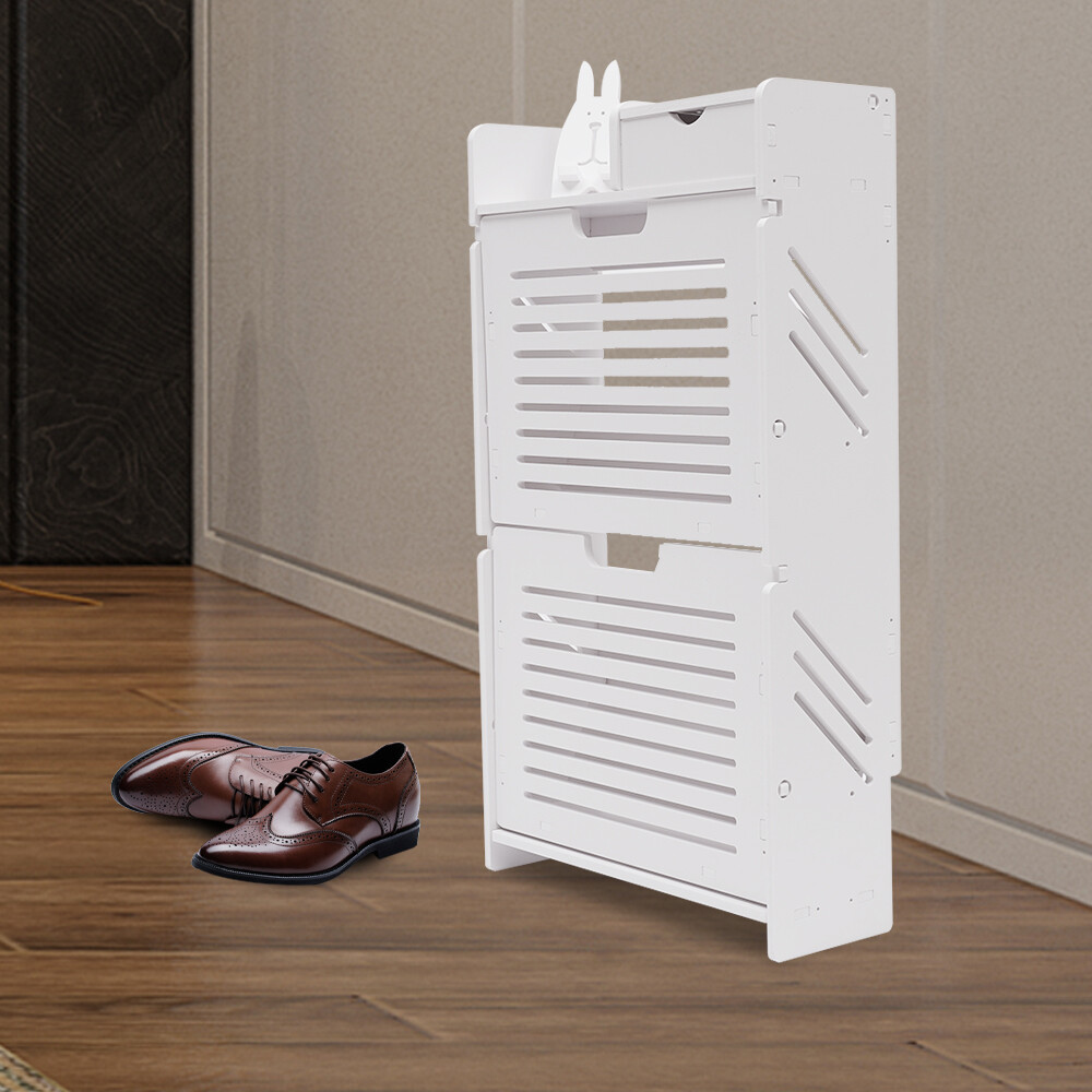 Slim Narrow Entryway Shoe Cabinet with 2 Flip-Up Drawers for Storage