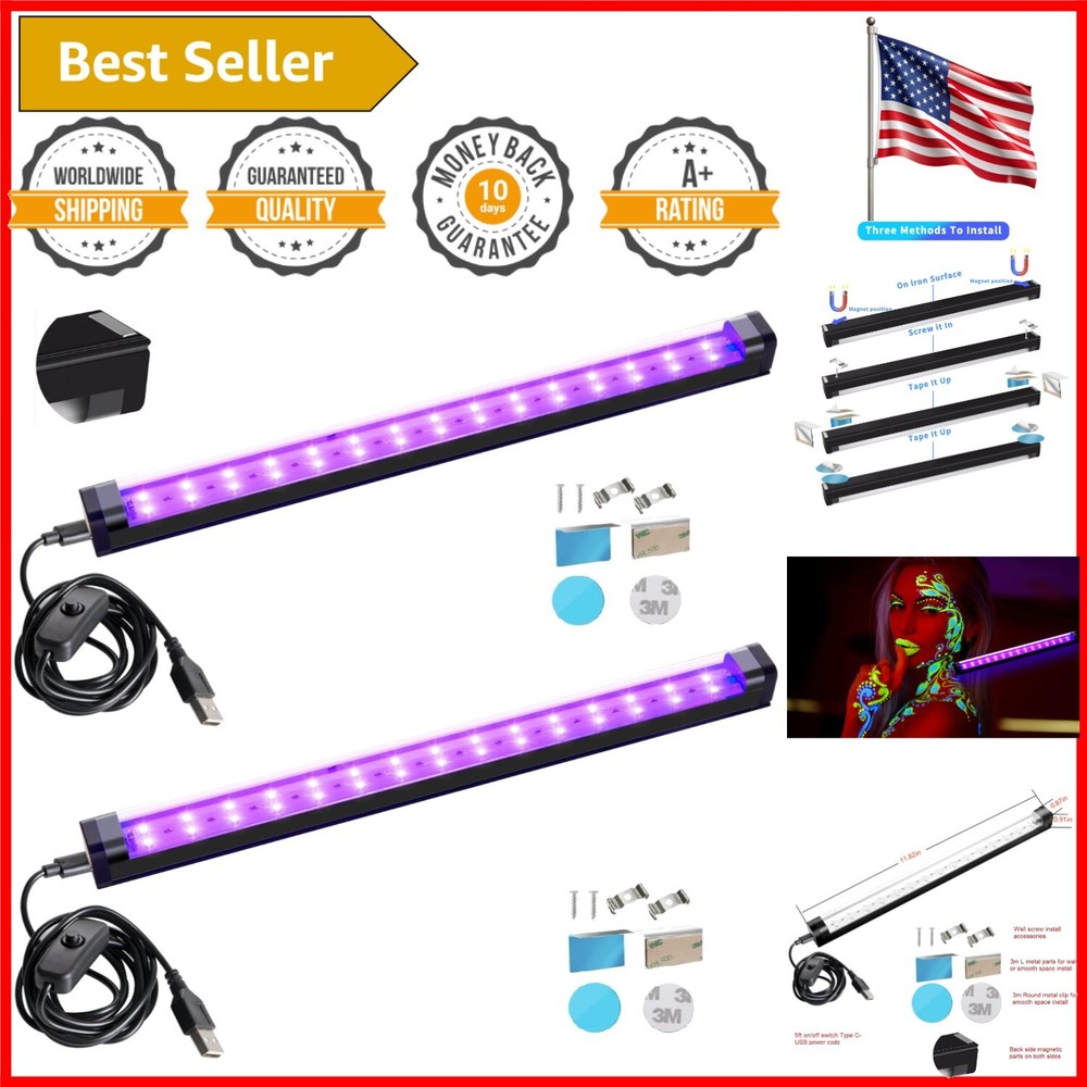 10W LED Black Light Bar 1ft for Glow Parties and Fluorescent Displays - 2 Pack