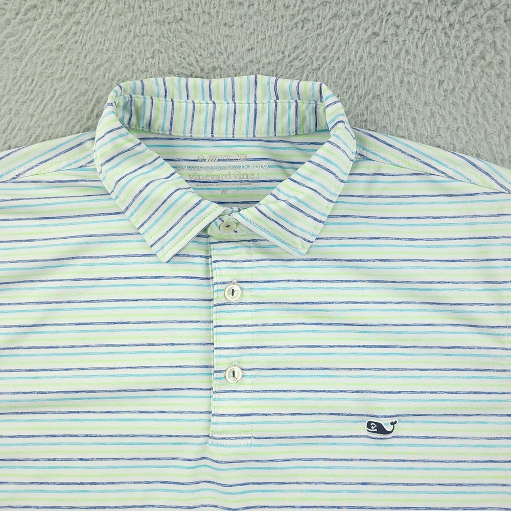 Vineyard Vines On The Go Sankaty Polo Shirt Mens Medium Green Blue Stripe Golf