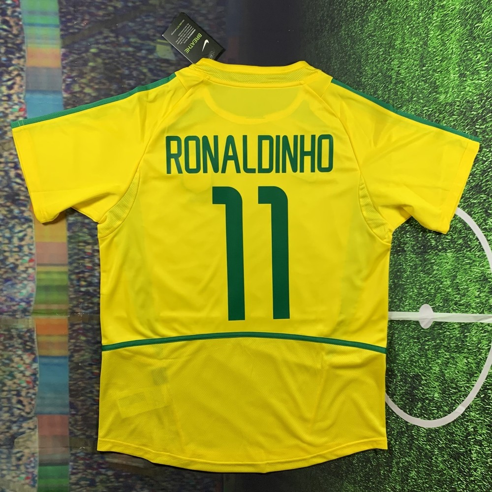 Ronaldinho #11 Brazil Home Jersey 2002 World Cup - Retro Soccer - Mens Large-NEW