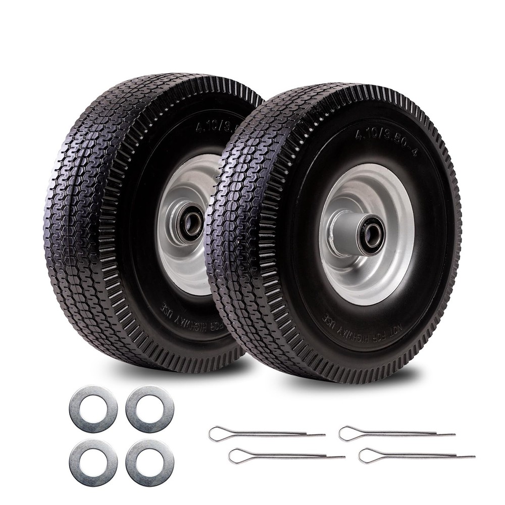 4.10/3.50-4 Tire & Wheel Flat Free, 2 Pcs Heavy Duty Solid PU Non-inflated Ti...