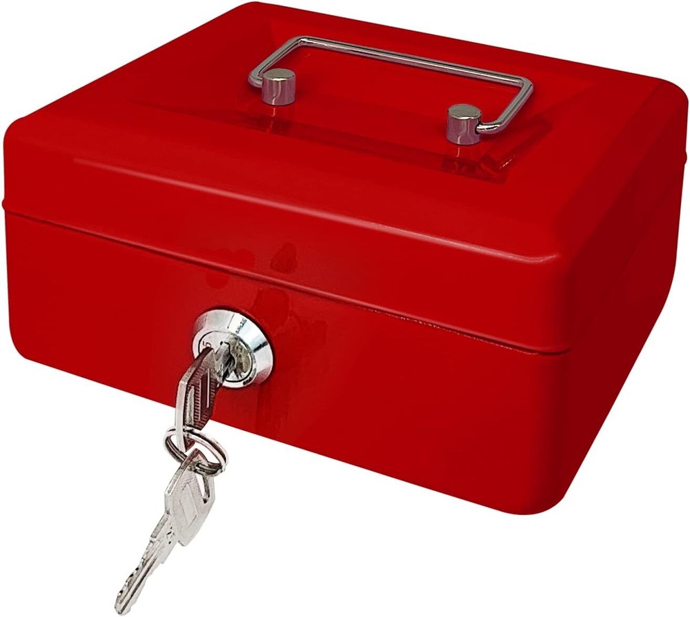 Steel Cash Box with Key Lock, Metal Small Money Red - 5.9