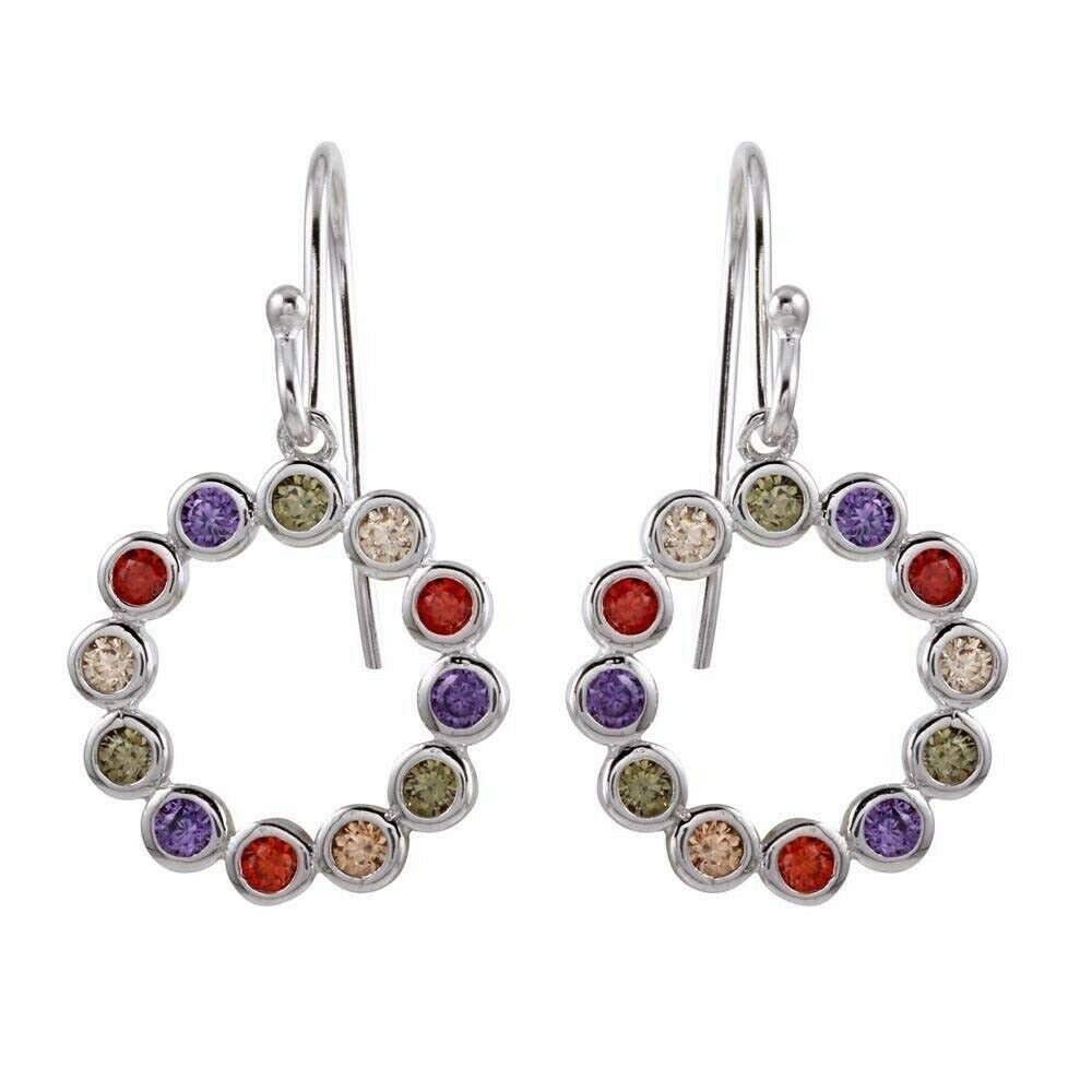 Multi-Color Sapphire Bezel Sterling Silver Circle Dangle Earrings